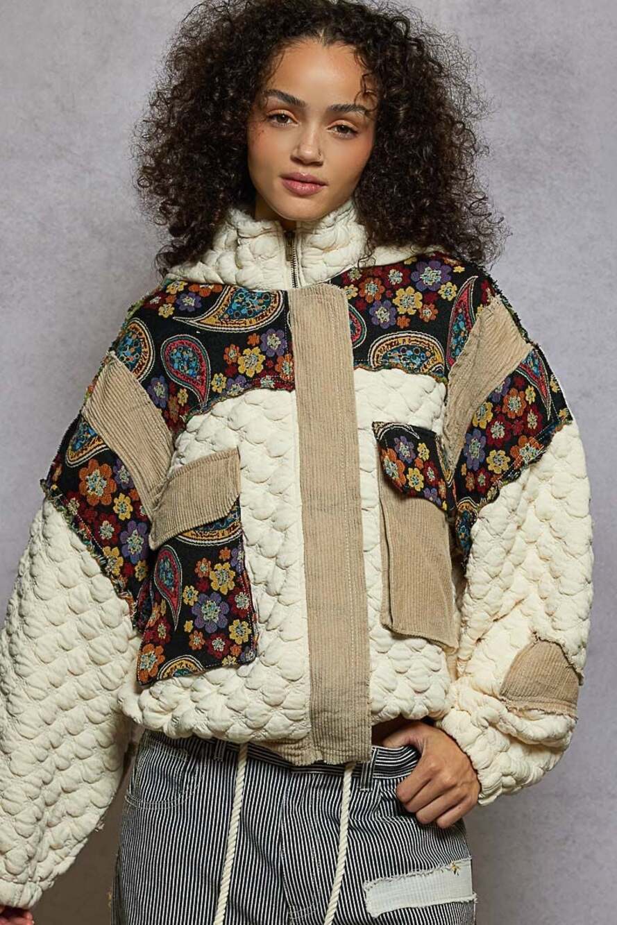 POL Quilted Hooded Jacket with Jacquard Paisley Tapestry and Corduroy Details